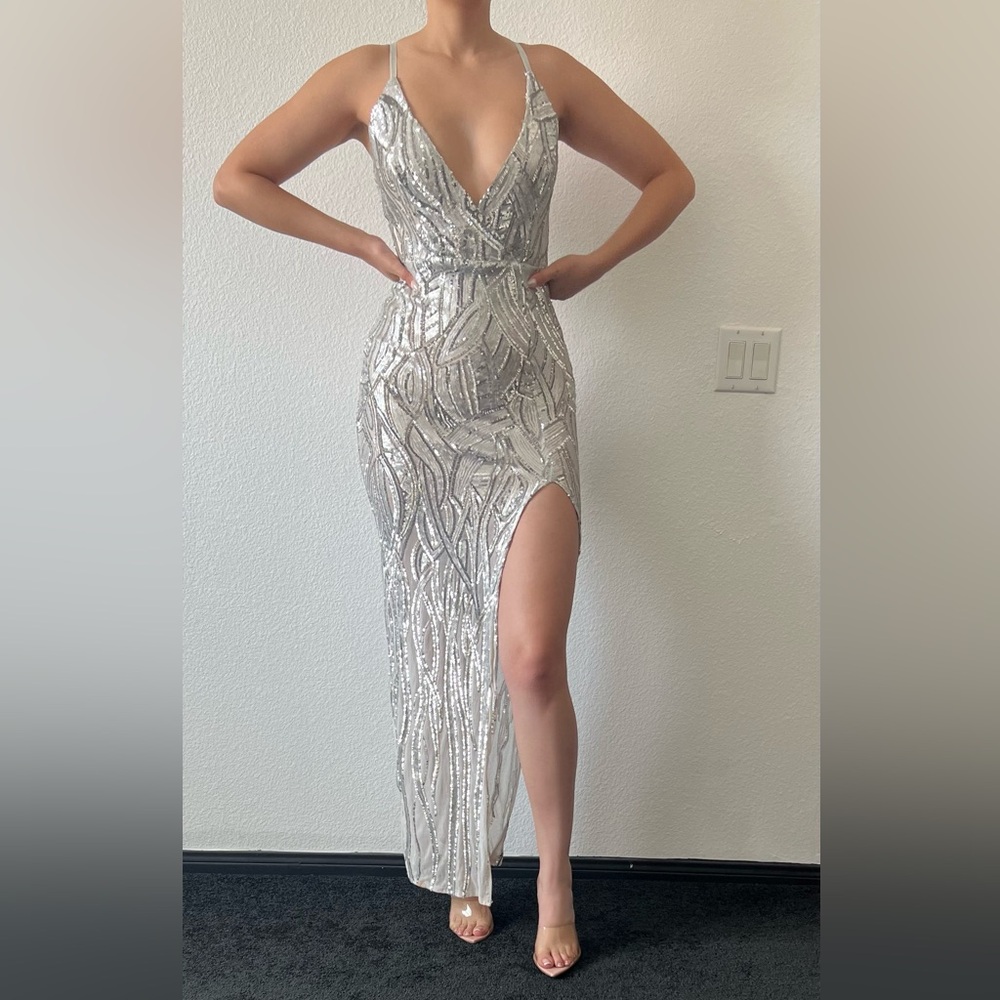 Silver sequin v neck high slit maxi dress